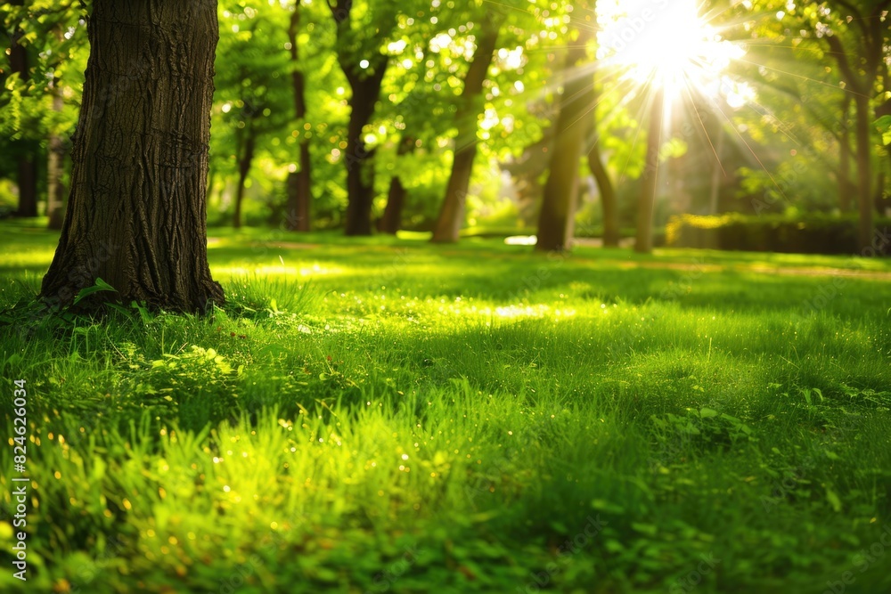 Park Landscape with Breathtaking Green Grass Field and Sunlight at Morning Park Landscape with Breathtaking Green Grass Field and Sunlight at Morning