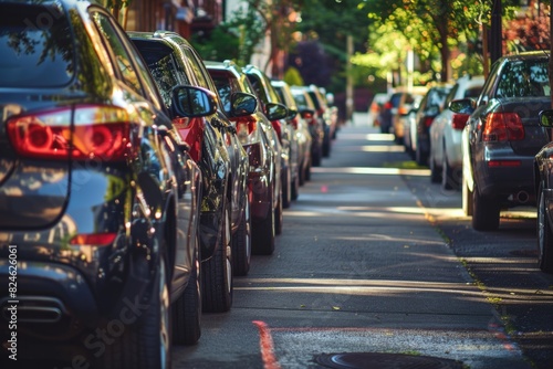 Parked Cars in Residential District: Rows of Vehicles Lined Up along Urban Street © Vlad