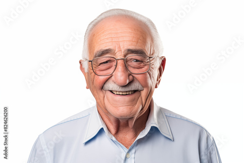 Smiling senior white man on white background. Topics related to old age. American. French. Retirement home. Retirement. Image for Graphic Designer. Senior residence. AI.
