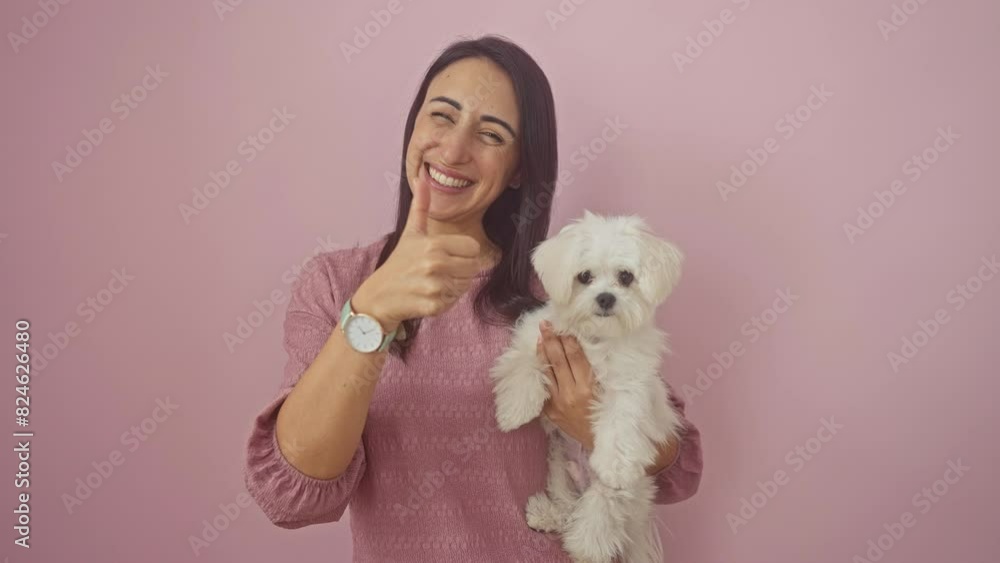 Young, smiling hispanic woman demonstrates excellent gesture standing with a happy dog over a pink isolated background Young, smiling hispanic woman demonstrates excellent gesture standing with a happy dog over a pink isolated background