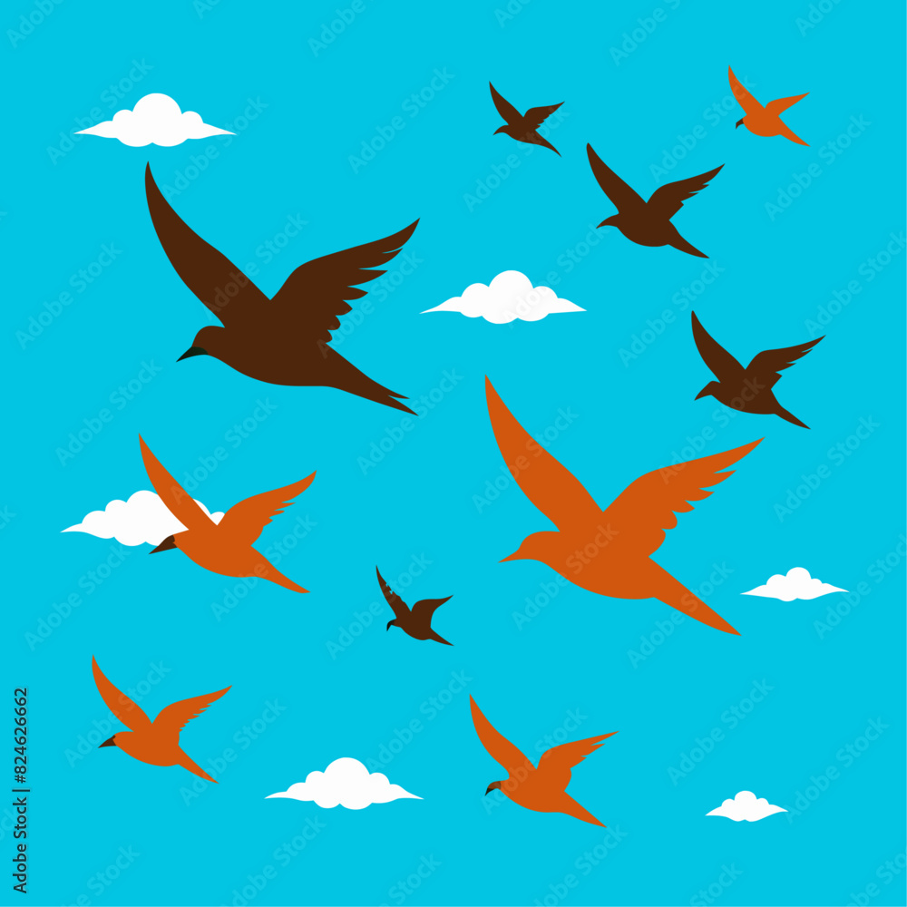 Fototapeta premium Flock of flying birds vector silhouette, white background