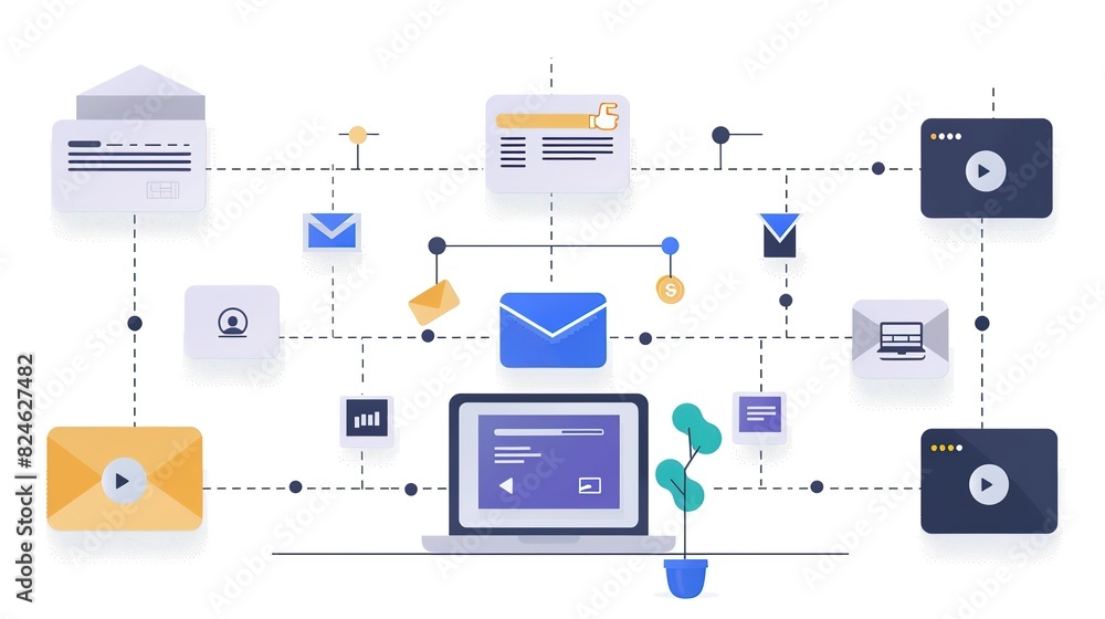 A laptop with a plant on a desk connected to various digital communication icons including emails, websites, and a secure server. A laptop with a plant on a desk connected to various digital communication icons including emails, websites, and a secure server.