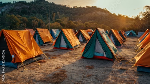Tents arranged on a dirt field for camping  ideal for adventure and outdoor concepts  highlighting the beauty of nature and exploration