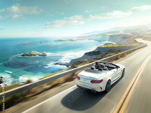 A luxury convertible driving along a scenic coastal highway
