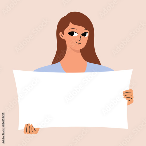 Young woman holding blank placard, poster, mockup. Pretty girl swowing empty presentation. Isolated illustration.