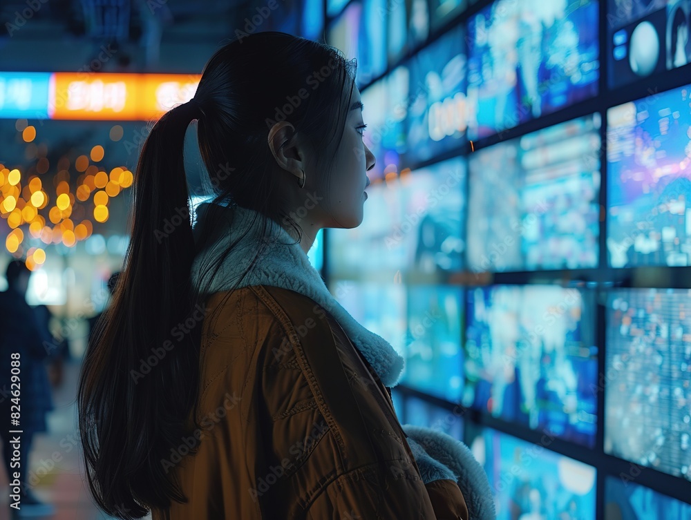 A young woman stands in front of a wall of screens displaying data and information, reflecting on the overwhelming digital world. A young woman stands in front of a wall of screens displaying data and information, reflecting on the overwhelming digital world.
