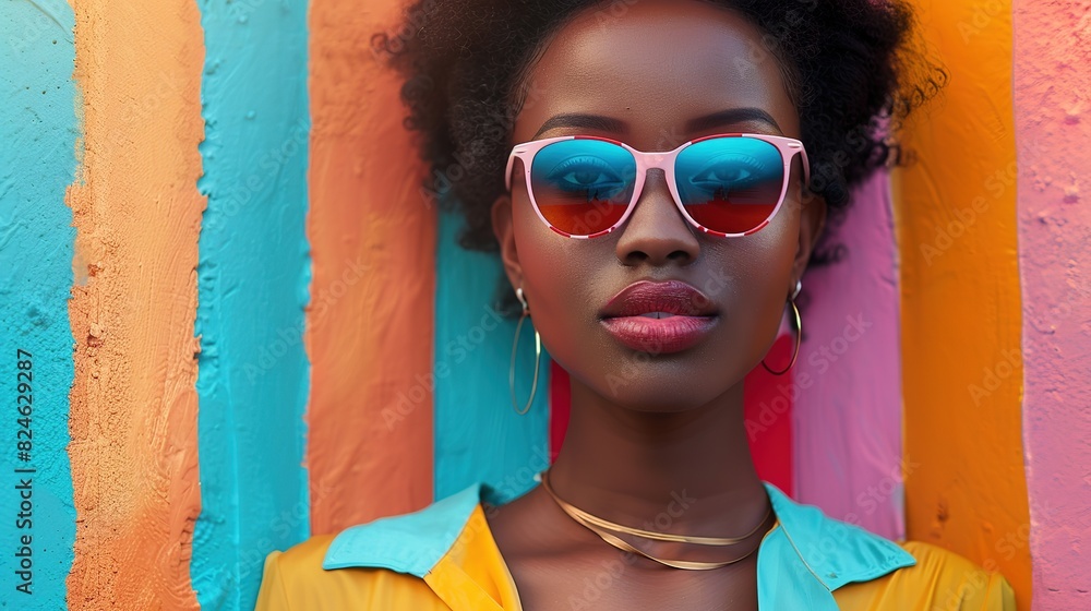 A young woman with sunglasses and a bright yellow shirt leans against a colorful striped wall. A young woman with sunglasses and a bright yellow shirt leans against a colorful striped wall.