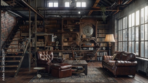 Industrial Styled Living Room with Vintage Furniture. Interior Design Background.