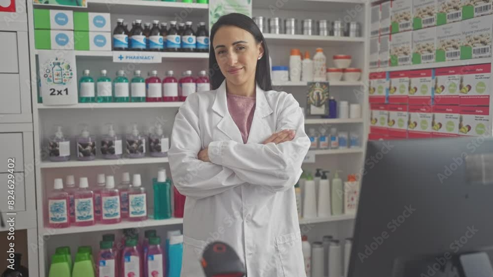 A confident hispanic woman pharmacist crosses her arms in a well-stocked indoor pharmacy. A confident hispanic woman pharmacist crosses her arms in a well-stocked indoor pharmacy.