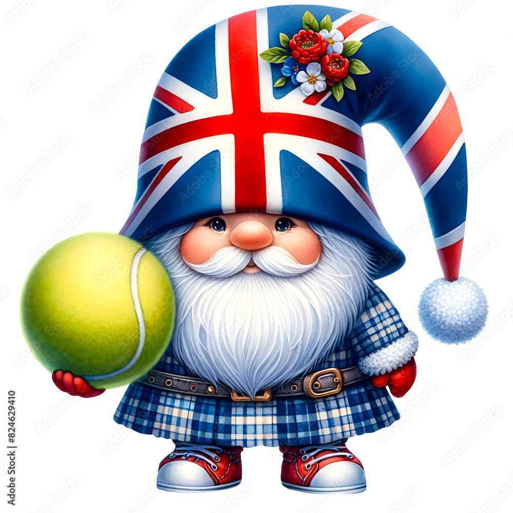 Fototapeta premium Watercolor cute chubby british Gnome clip art. Gnome wearing uk flag color outfit. Gnome holding a tennis ball. Travel gnome theme. 