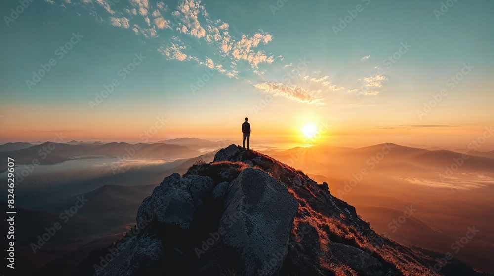 Dramatic Mountaintop at Sunrise. Man Looks out at the Horizon. Achievement or Goal Concept. Dramatic Mountaintop at Sunrise. Man Looks out at the Horizon. Achievement or Goal Concept.