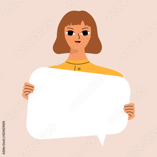 Young woman holding blank placard, poster, mockup. Pretty girl swowing empty presentation. Isolated illustration.