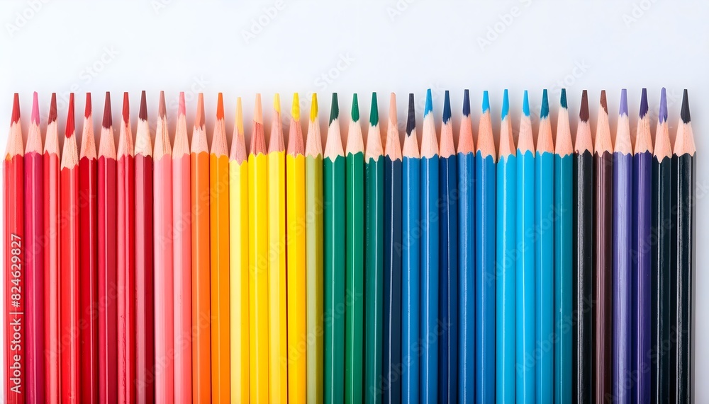 Obraz premium Colored pencils row, colorful crayons, white background