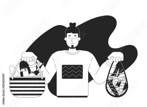 Caucasian man with products black and white cartoon flat illustration. Grocery male customer cartoon outline character isolated on white. Food overconsumption monochrome scene vector outline image