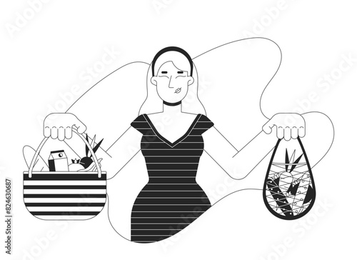 Woman holding reusable bags black and white cartoon flat illustration. Caucasian female customer cartoon outline character isolated on white. Overconsumption monochrome scene vector outline image