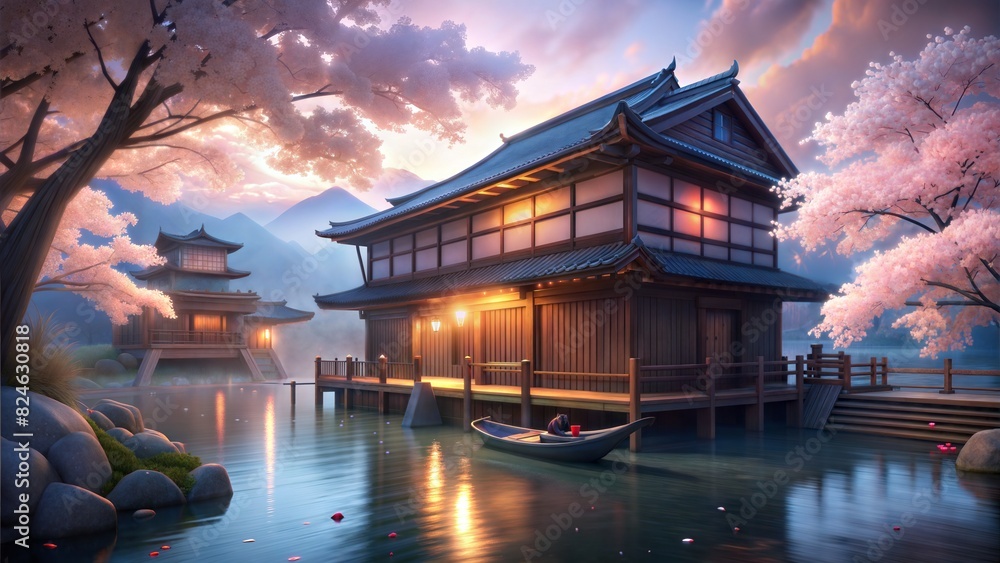 a wooden  japes house. beautiful light. a boat are here. moon is beautiful. a chareblasom tree are pink color