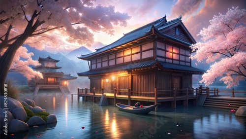 a wooden  japes house. beautiful light. a boat are here. moon is beautiful. a chareblasom tree are pink color photo