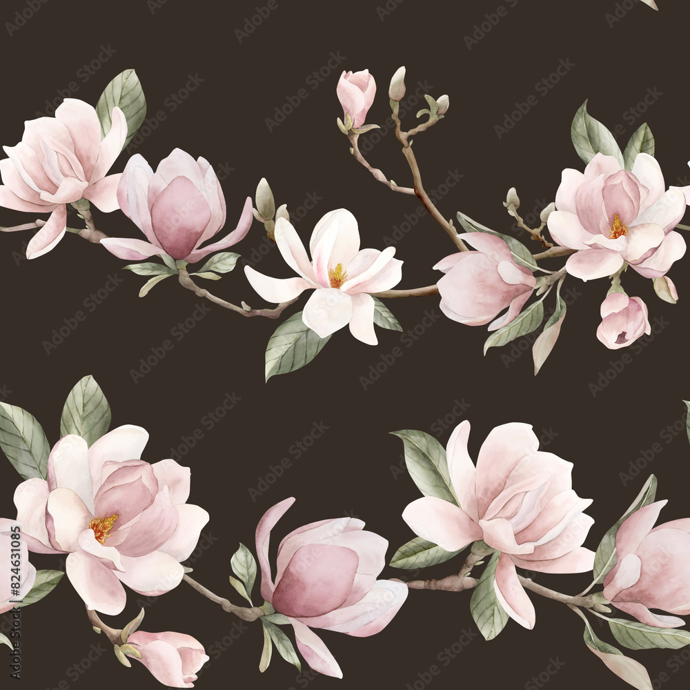 Light pink magnolia branch. Watercolor floral seamless pattern on dark background for flower fabric, cosmetic packaging