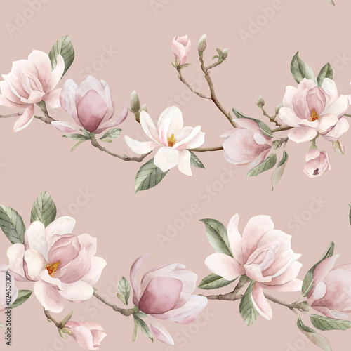 Magnolia branch. Watercolor floral seamless pattern on peach pink background for flower fabric  cosmetic packaging