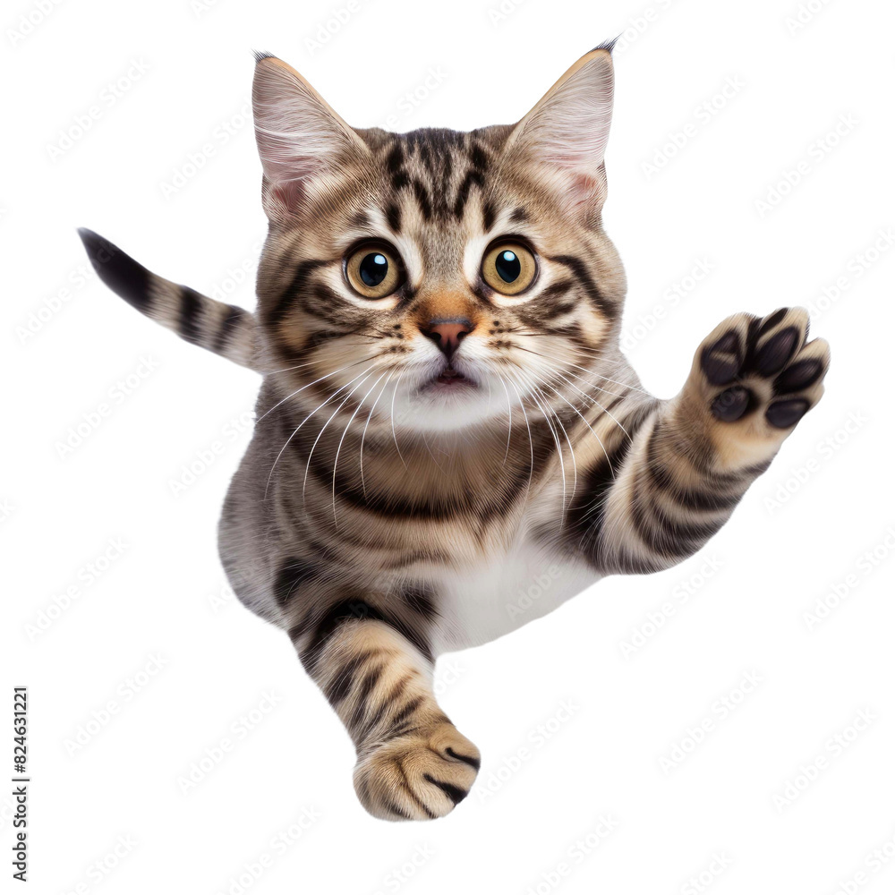 Obraz premium Cute tabby cat jumping on transparent background
