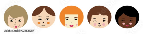 Avatar collection, young girlish faces. Chat icons, different faces, female visage. For wrapping paper, textile, branding.