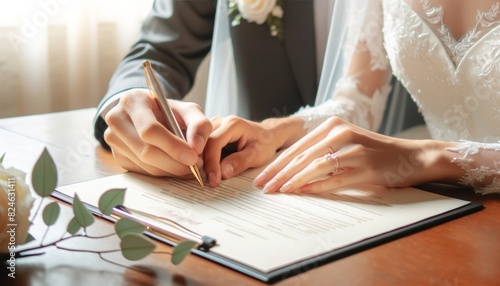 A couple signing a wedding certificate, completing their marriage registration and legal union document. Close-up of the bride, groom. Generative AI