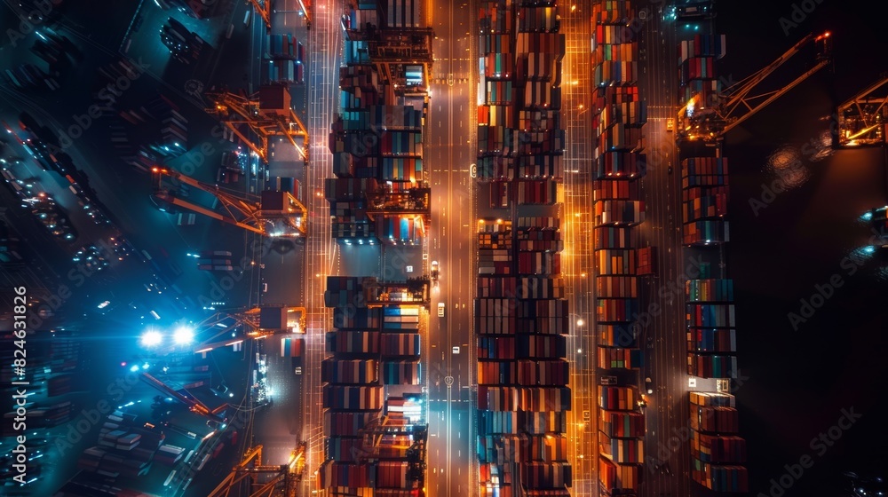 Top view of a bustling container terminal at night, illuminated by ...