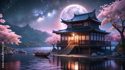 a wooden  japes house. beautiful light. a boat are here. moon is beautiful. a chareblasom tree are pink color photo