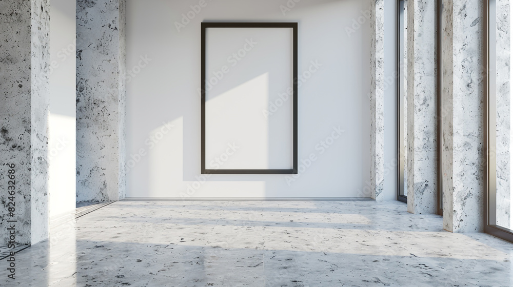 Ultra HD 3D render of a blank mockup frame in an empty room with a limestone floor. SEO-optimized mockup. Ultra HD 3D render of a blank mockup frame in an empty room with a limestone floor. SEO-optimized mockup.