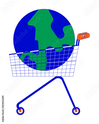 Earth globe in shopping cart 2D linear cartoon objects. International consumerism. Overconsumption isolated line vector elements white background. Buying whole world color flat spot illustration