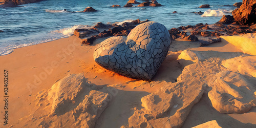 At the beach, a heart-shaped stone lies on the golden sand.