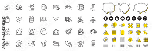 Set of Shop app, Targeting and Seo gear line icons for web app. Design elements, Social media icons. Gps, Delivery service, Food icons. Reject checklist, Pets care, Search flight signs. Vector