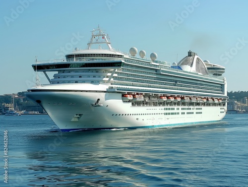 A large  modern cruise ship glides through calm blue waters near a coastal city  symbolizing travel and luxury.
