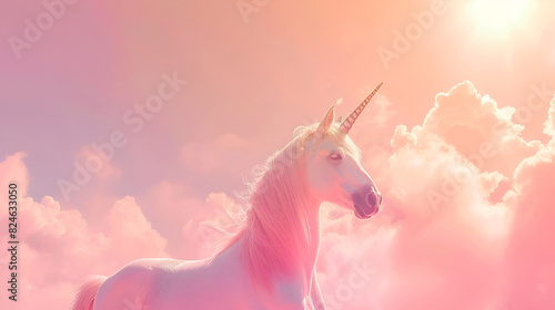 A lovely pink unicorn in the pink cloudy sky