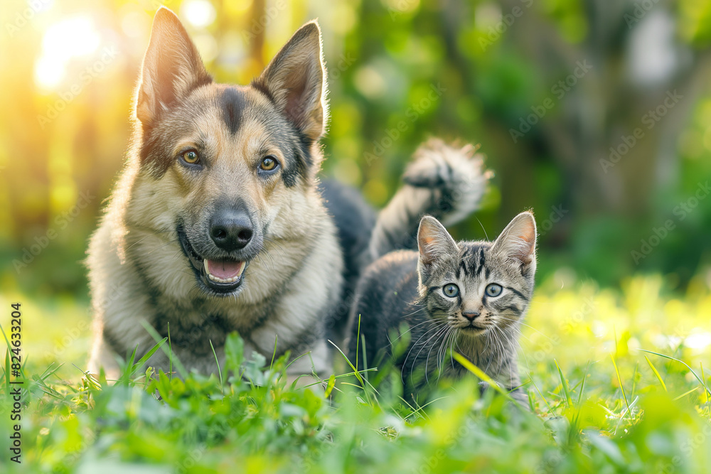 A dog and cat running on green grass, with summer sun shining. Cute and playful pets, highlighting their friendship and bonding. Horizontal. Space for copy. A dog and cat running on green grass, with summer sun shining. Cute and playful pets, highlighting their friendship and bonding. Horizontal. Space for copy.