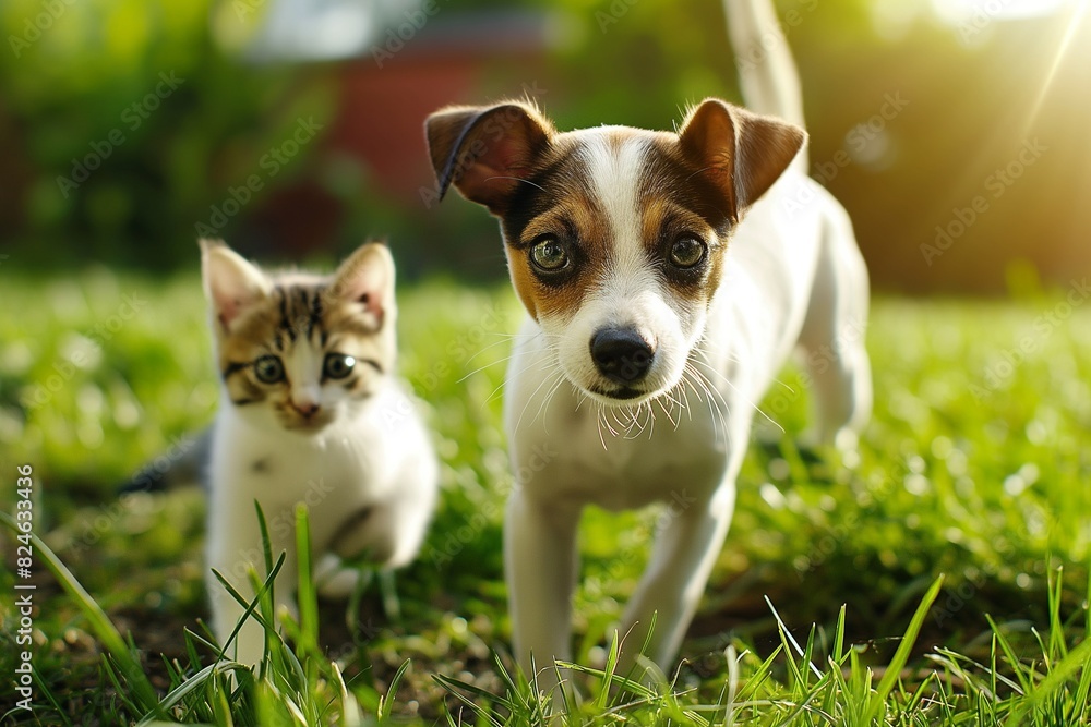 A dog and cat running on green grass, with summer sun shining. Cute and playful pets, highlighting their friendship and bonding. Horizontal. Space for copy. A dog and cat running on green grass, with summer sun shining. Cute and playful pets, highlighting their friendship and bonding. Horizontal. Space for copy.