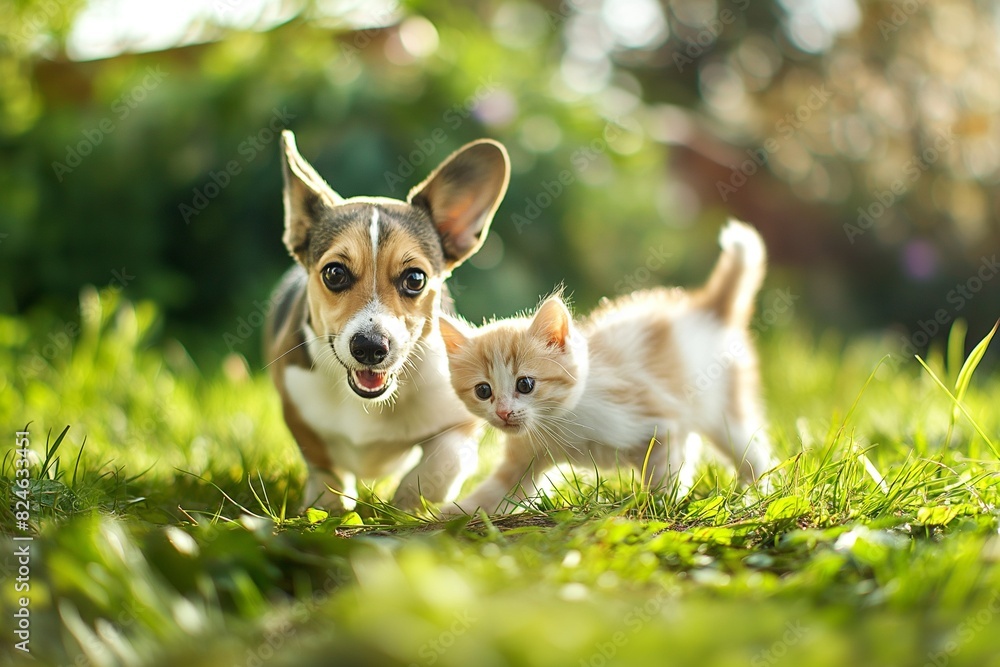 A dog and cat running on green grass, with summer sun shining. Cute and playful pets, highlighting their friendship and bonding. Horizontal. Space for copy. A dog and cat running on green grass, with summer sun shining. Cute and playful pets, highlighting their friendship and bonding. Horizontal. Space for copy.