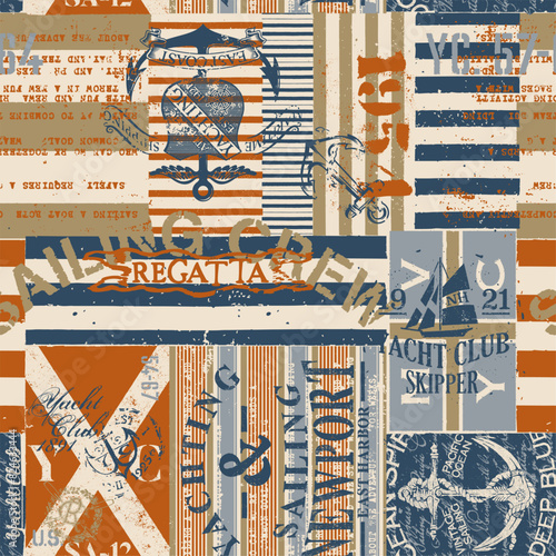 Nautical yachting sailing sign symbol elements and fabric patchwork vintage grunge marine vector seamless pattern  for fabric wear shirt  tablecloth wrapping pillow
