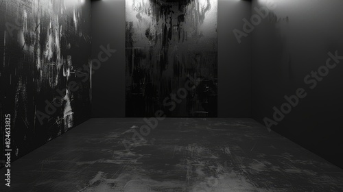 White-bordered dark gray panel, paint descending from top left to bottom right, isolated with studio lighting for a striking visual, highlighting contrast