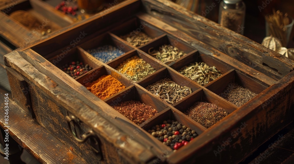 Wooden box brimming with assorted spices and herbs, close-up shot capturing intricate details and rich colors, ideal for food advertisements Wooden box brimming with assorted spices and herbs, close-up shot capturing intricate details and rich colors, ideal for food advertisements