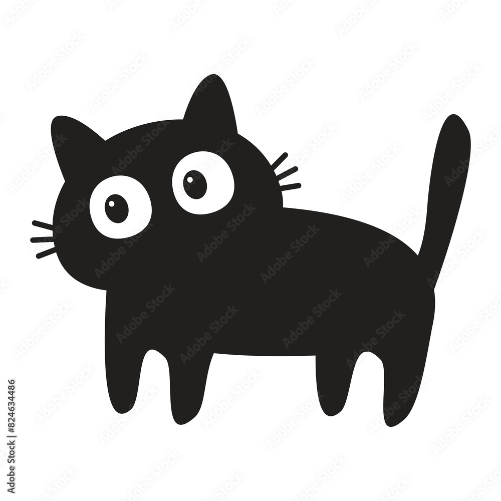 Fototapeta premium Standing playing cat. Black kitten with big eyes face head. Cute cartoon kawaii funny baby pet character. Flat design. Greeting card Tshirt Sticker print Banner template. White background. Vector