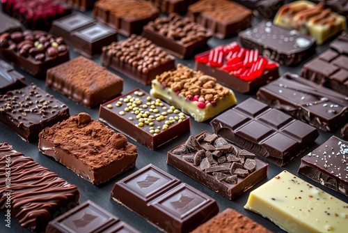 Various types of chocolate bars neatly arranged on a table, showcasing a variety of flavors and types. Generative AI © Анатолий Савицкий