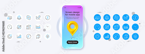 Phone mockup with 3d map pin icon. Journey path, Currency exchange and Charging station line icons. Pack of Web system, 24 hours, Euro money icon. Vector