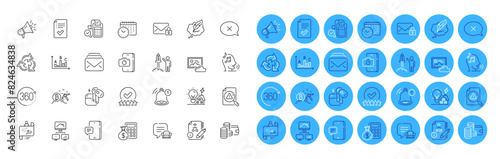 Megaphone, Voicemail and 360 degrees line icons pack. Calendar time, Work home, Finance calculator web icon. Mail, Reject, Search document pictogram. Recycle, Headset, Survey results. Vector © blankstock
