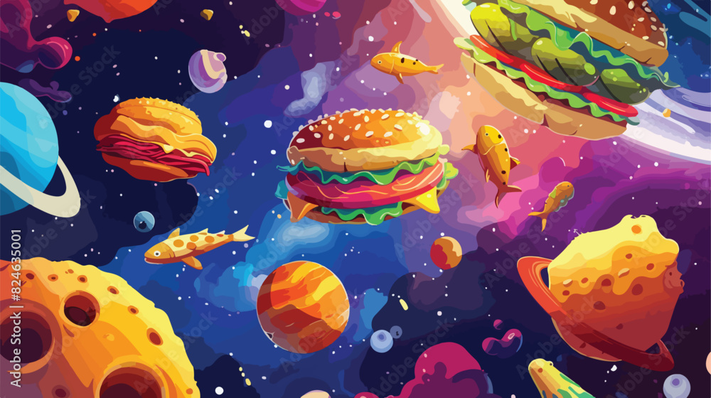 Cartoon food planets. Foods world concept burger sush