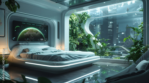 A futuristic bedroom with a self-sustaining environment, a holographic personal assistant, and a zero-waste recycling system.  photo