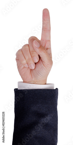 A hand pointing up with a white background. The hand is wearing a suit jacket and one finger is pointing up in number 1 gesture concept.