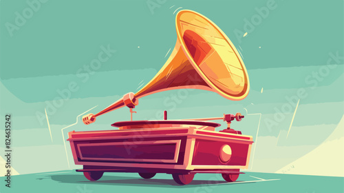 Cartoon gramophone. Old turntable with gold horn anti