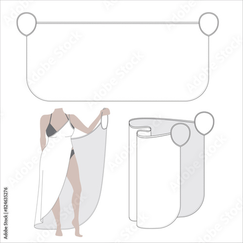 Super simple beach cape, pareo, wrap dress. Technical sketch. Vector illustration.