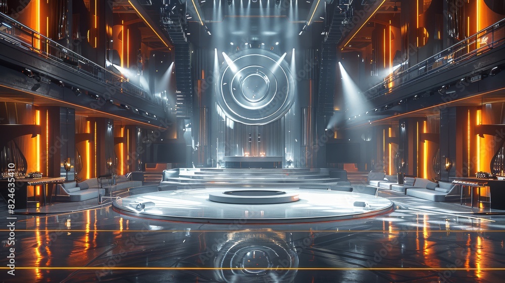 Dark industrial night club stage design, cables and steel, spiral ducts ...